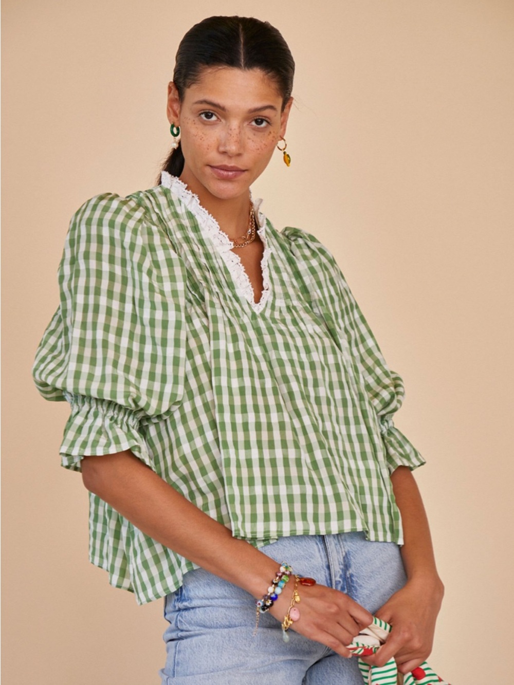 HUNTER BELL Green and White Gingham Lace-Trim Puff Sleeve Blouse